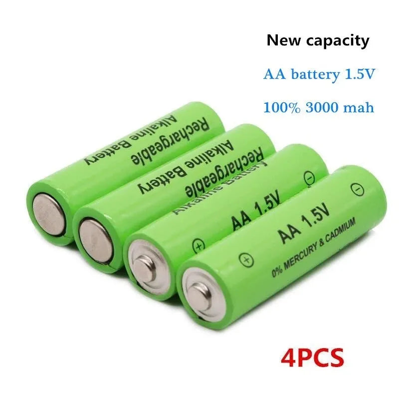 Pack of green AA alkaline rechargeable batteries labelled 3000mAh 1.5V