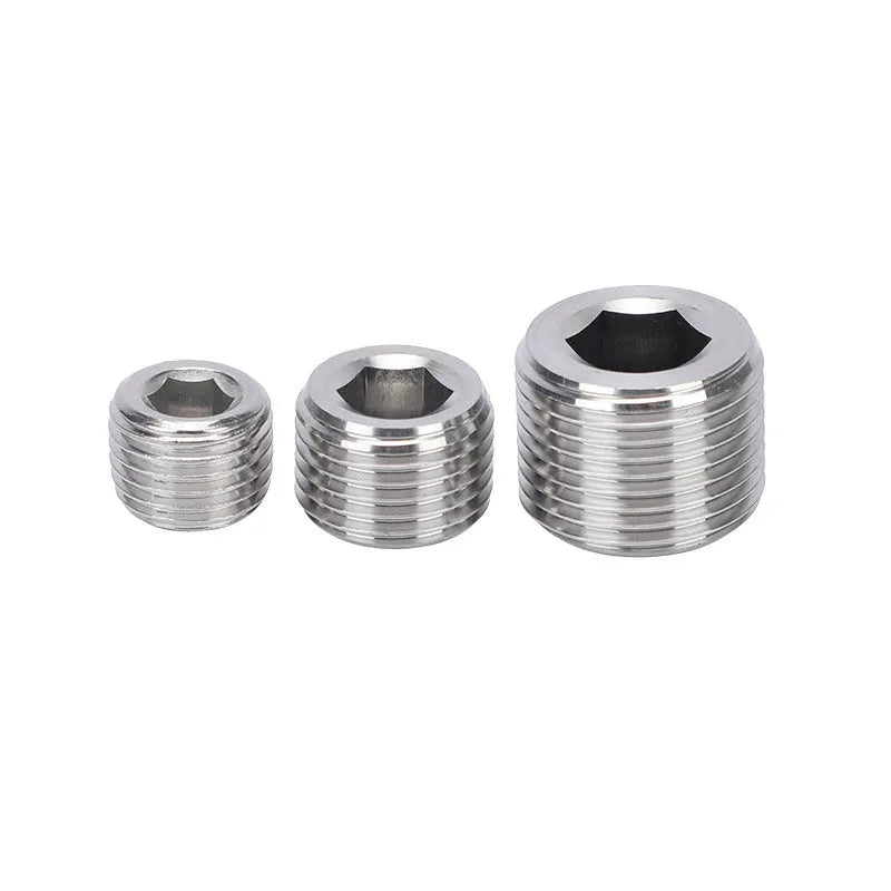 Stainless steel hexagon plug for 3/8 inch pipe bulkhead with hexagonal head.