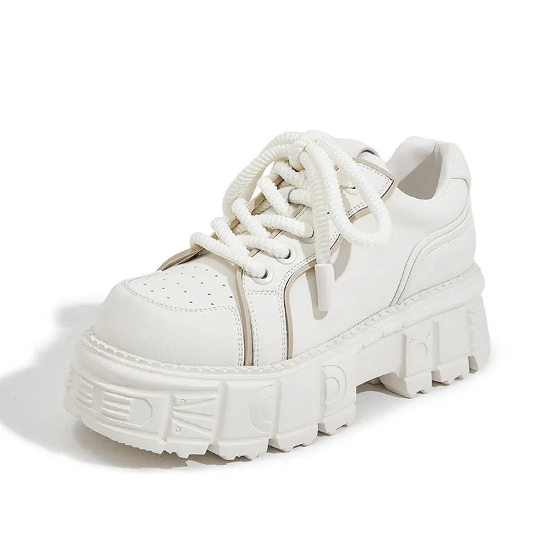 Women's beige muffin bottom leather shoes with height increasing sole and rubber foam construction