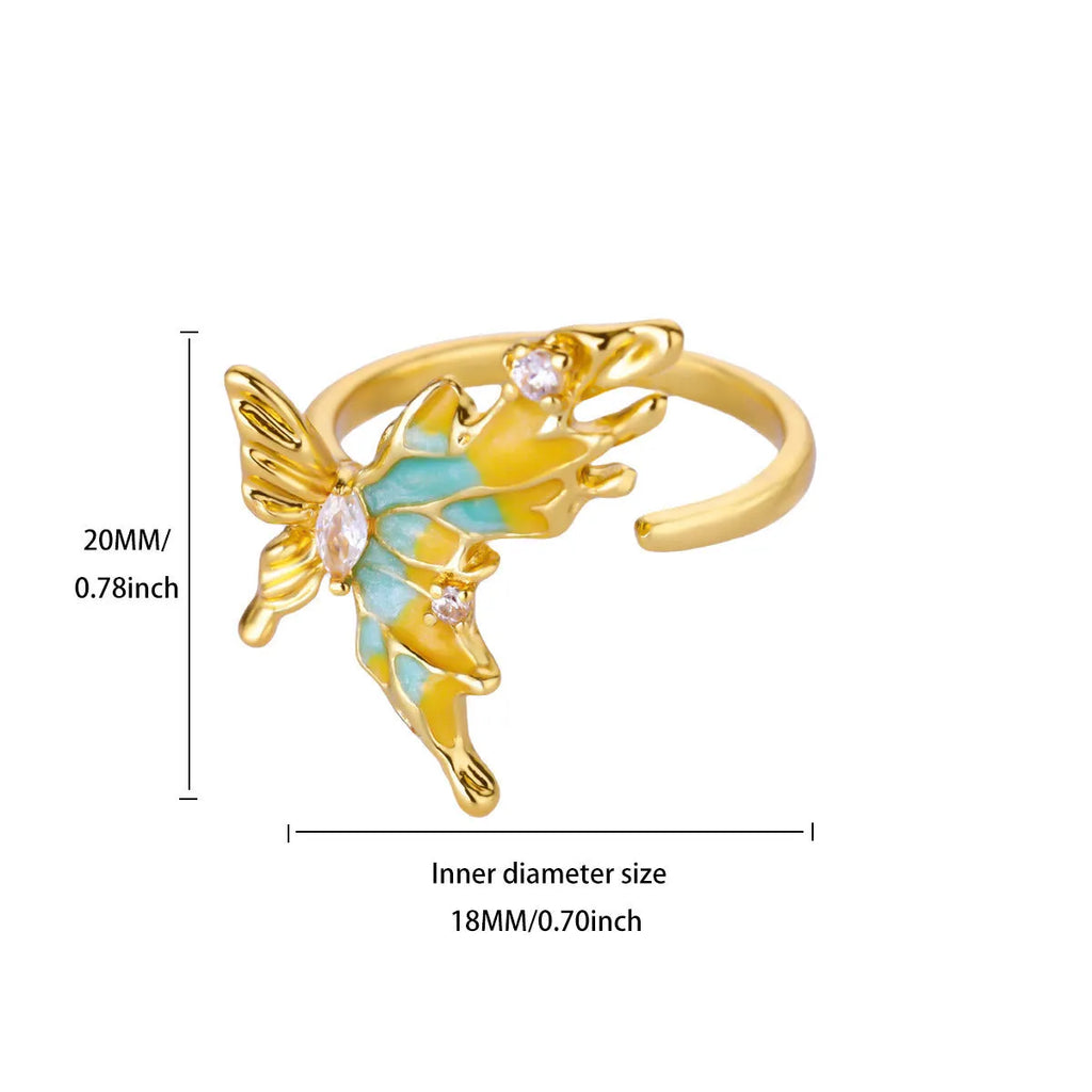 Ice blue oil drop butterfly open ring in copper with electroplated finish