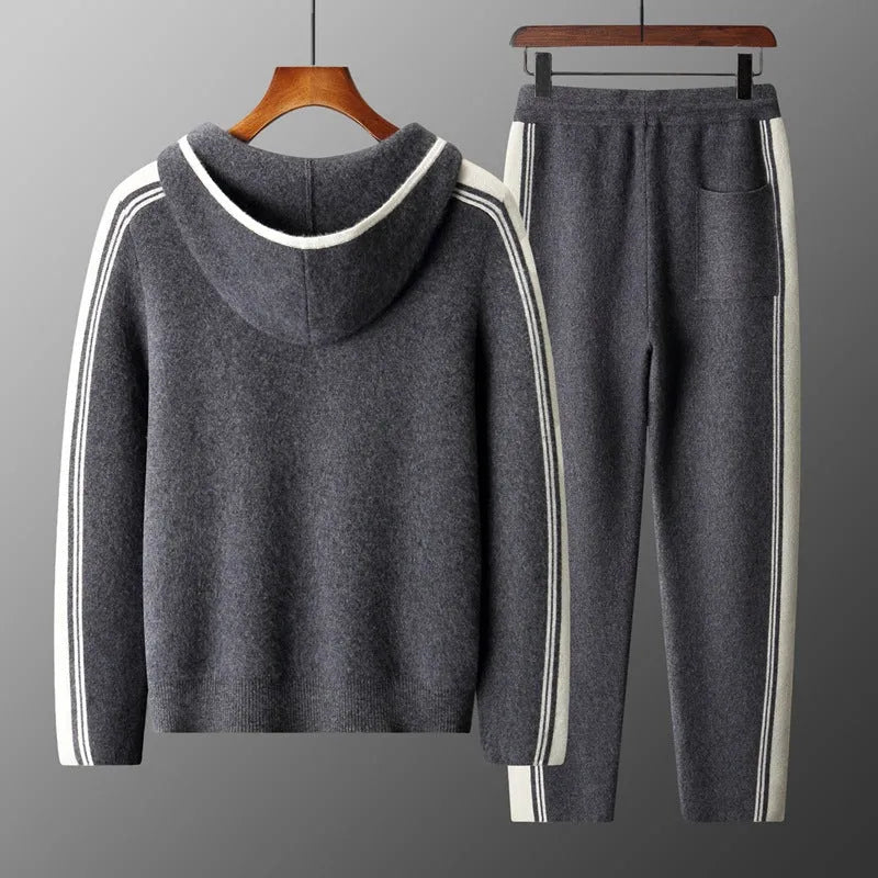 Men's wool cardigan hooded colour matching suit with long sleeves and trousers in dark blue