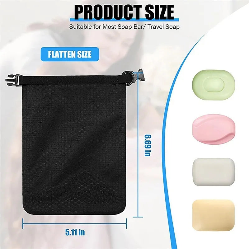 Green bubble net mesh soap bag with dimensions 17cm by 13cm for travel.