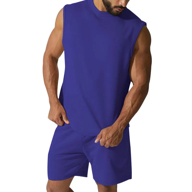 Men's sleeveless sports suit set showing sleeveless top and matching shorts in cotton blend fabric