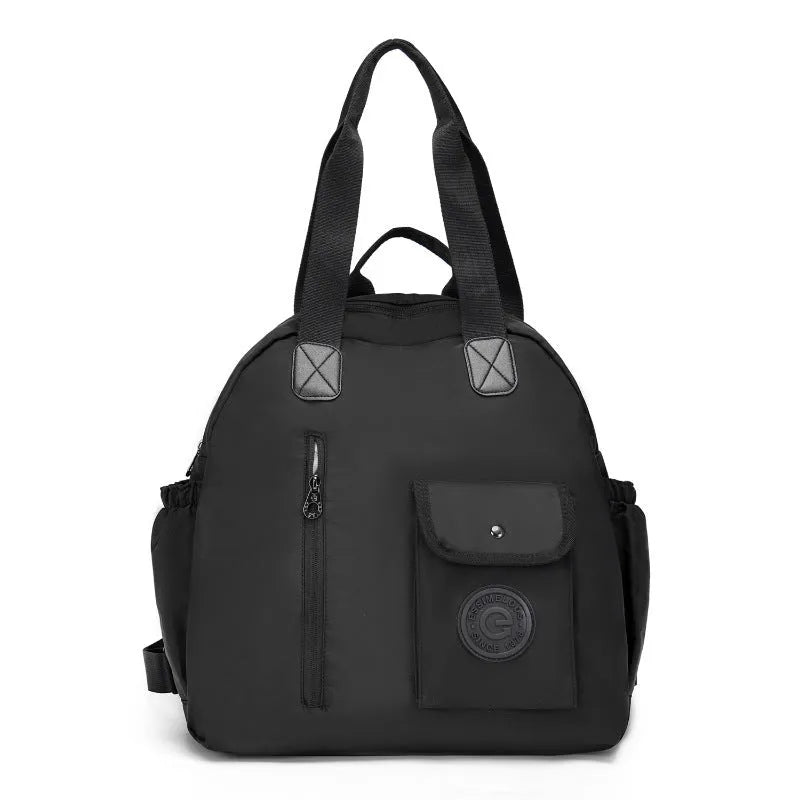 Outdoor nylon backpack with sandwich pockets showing black, khaki and green colour options