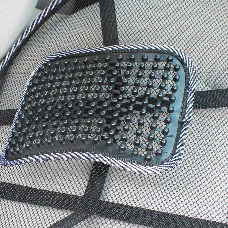 Black leather lumbar support pillow with steel wire frame measuring 41 x 39 cm