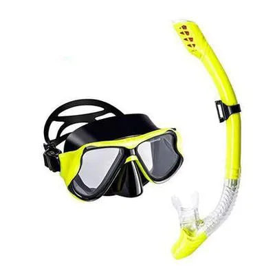 Black diving mask with PC frame, transparent glass lens, and a blue silicone strap and cigarette holder.
