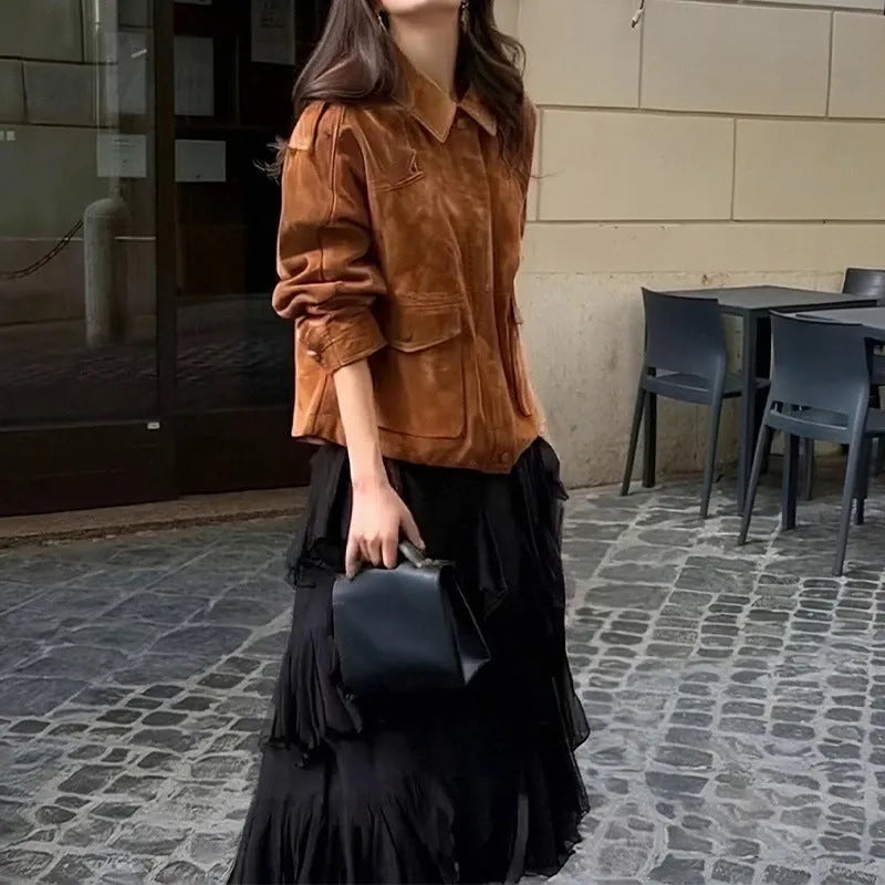Women's brown polyester suede coat with regular sleeves in street chic style showing front view