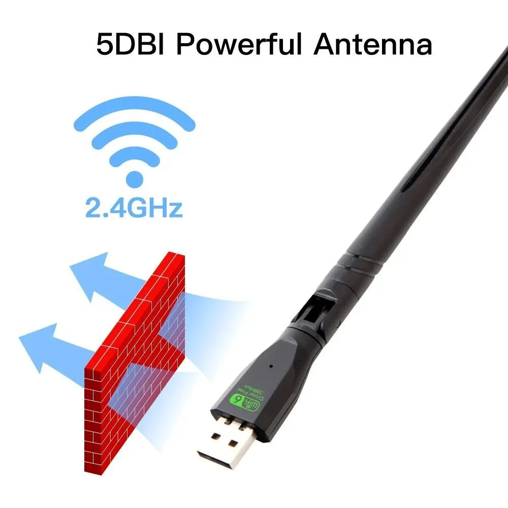 Black USB WiFi6 wireless network card adapter with instruction manual