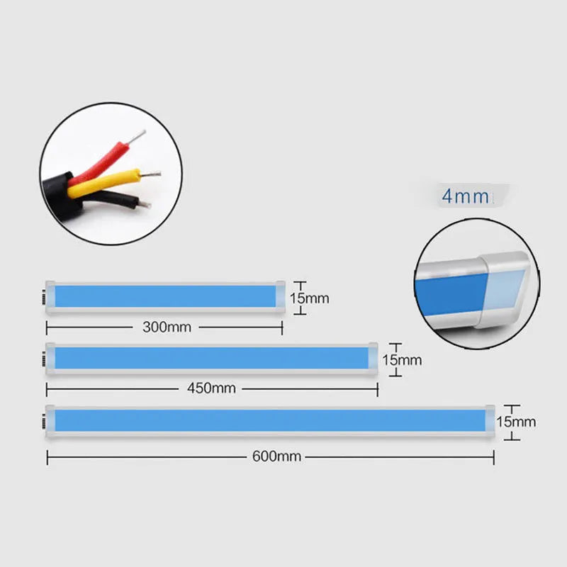 Car LED daytime running light strip with flowing turn signal indicators in silicone housing