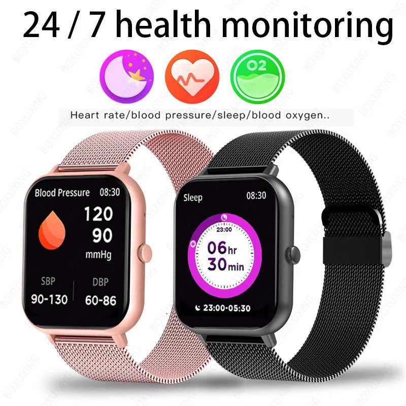 ZL54C smart watch displaying health metrics on AMOLED screen with Milan steel strap option
