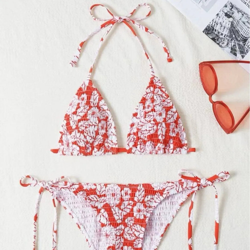 Women's halter bikini set with floral pattern briefs in multiple colour options