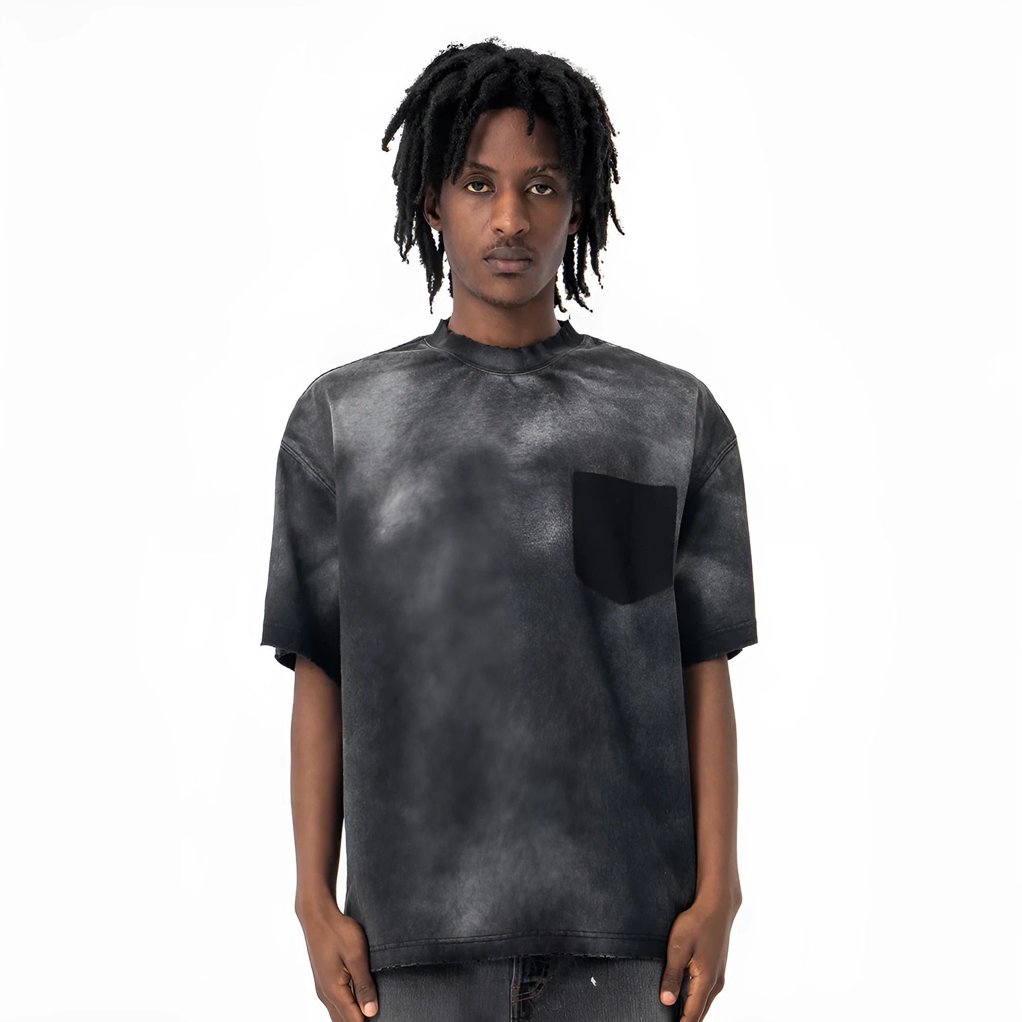 Black men's loose fit cotton t-shirt with drop-shoulder sleeves and a printed letter design on the front.