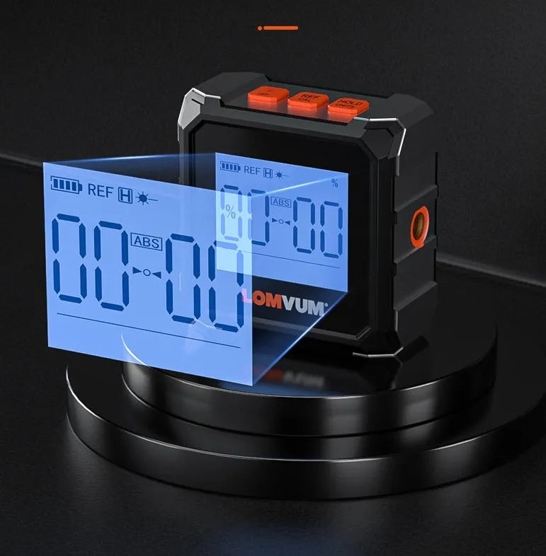 Digital laser infrared inclinometer with steel tape measure showing backlight display and magnetic sides