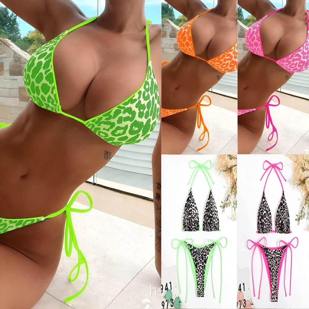Women's lace-up triangle split bikini swimming costume with adjustable top and polyester fabric