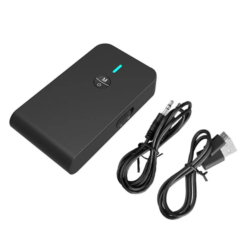 Black Bluetooth adapter with 3.5mm AUX connector and external power supply