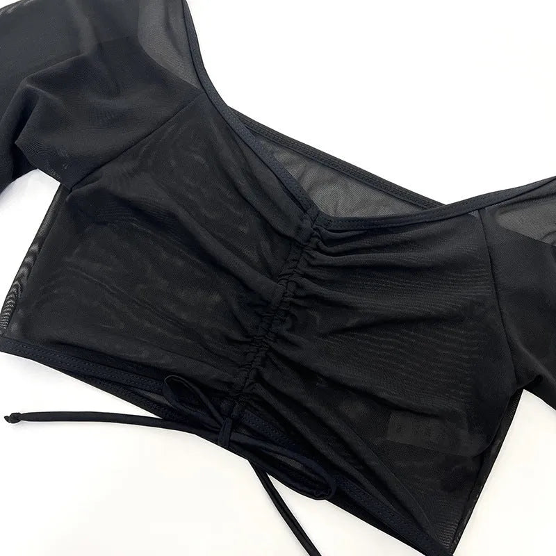 Black mesh four-piece bikini set with long sleeves for women's swimming and sports