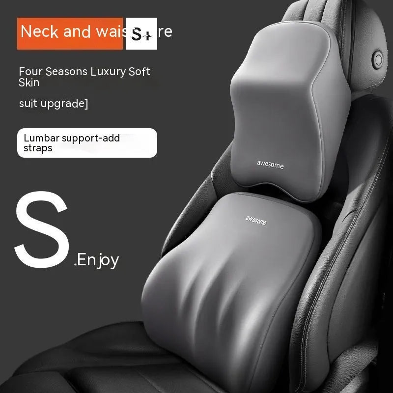Memory foam car pillow set showing headrest and lumbar support pillows in solid colours