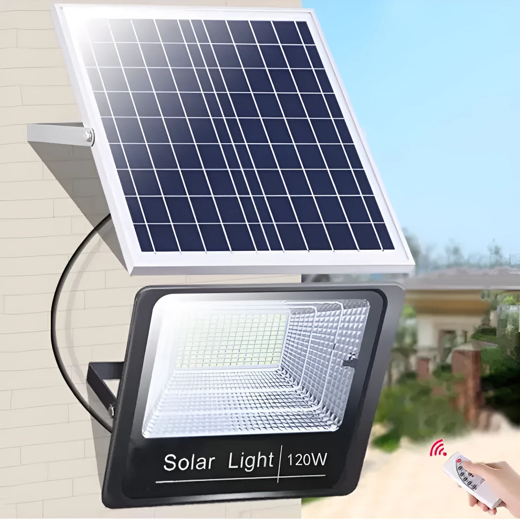 Black solar-powered LED flood light for outdoor garden and street lighting with remote control.