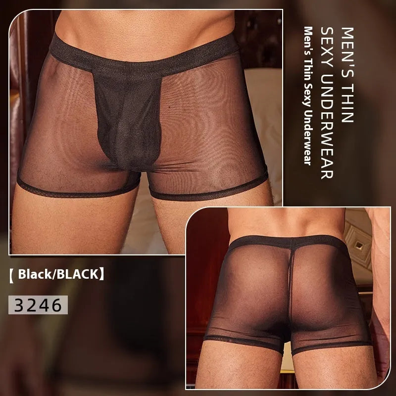 Men's black and white ultra-thin nylon boxer briefs showing free size label and breathable construction