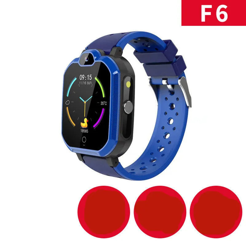 Blue children's GPS smartwatch with a 1.44-inch colour touch screen showing a video call interface.