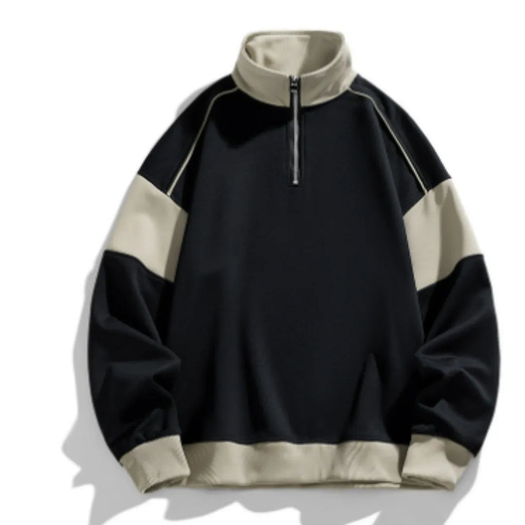 Men's beige rabbit fur corduroy hooded pullover sweater with drop shoulders and loose lapels on a hanger.