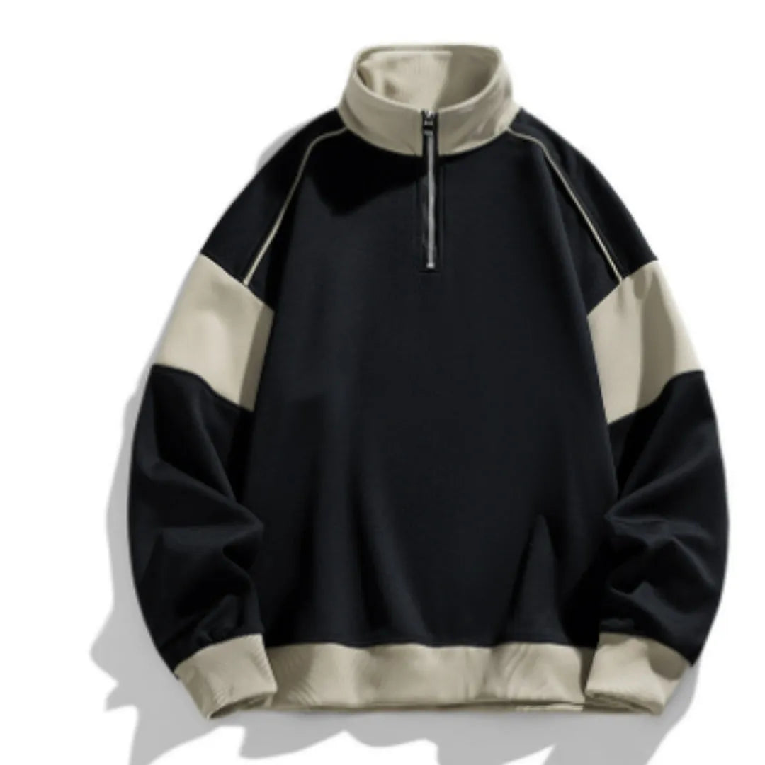 Men's beige rabbit fur corduroy hooded pullover sweater with drop shoulders and loose lapels on a hanger.