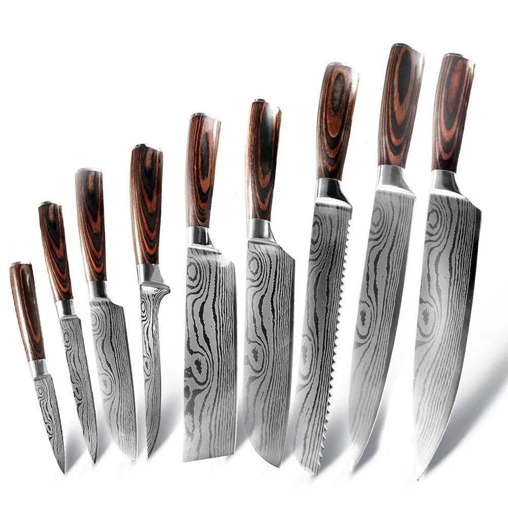 Chef knife with laser Damascus pattern blade and colour steel handle, 30cm long.
