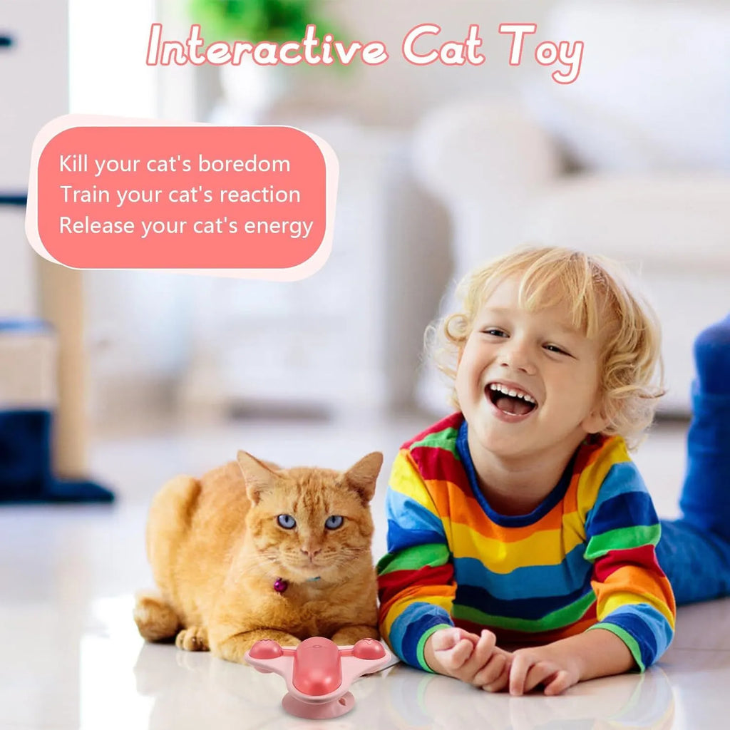 Blue interactive pet puzzle toy with airplane cabin, bell, and suction cup base.