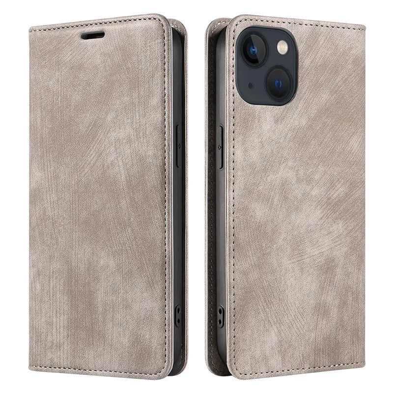 Magnetic leather flip phone case for iPhone in solid colours showing front and back views.