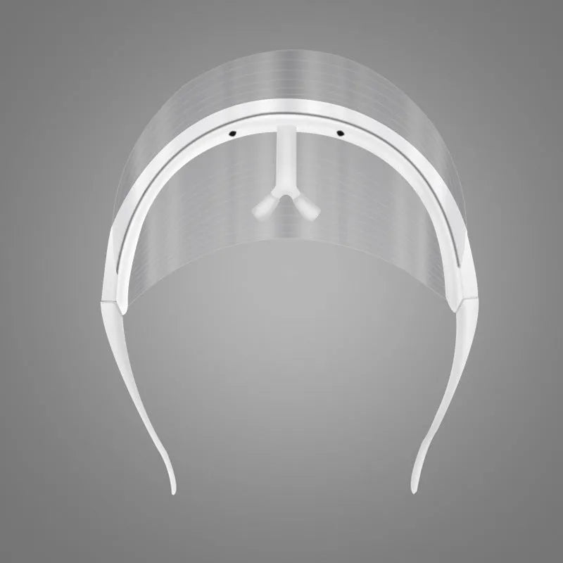 LED three-colour beauty mask in transparent finish for facial photon therapy at home