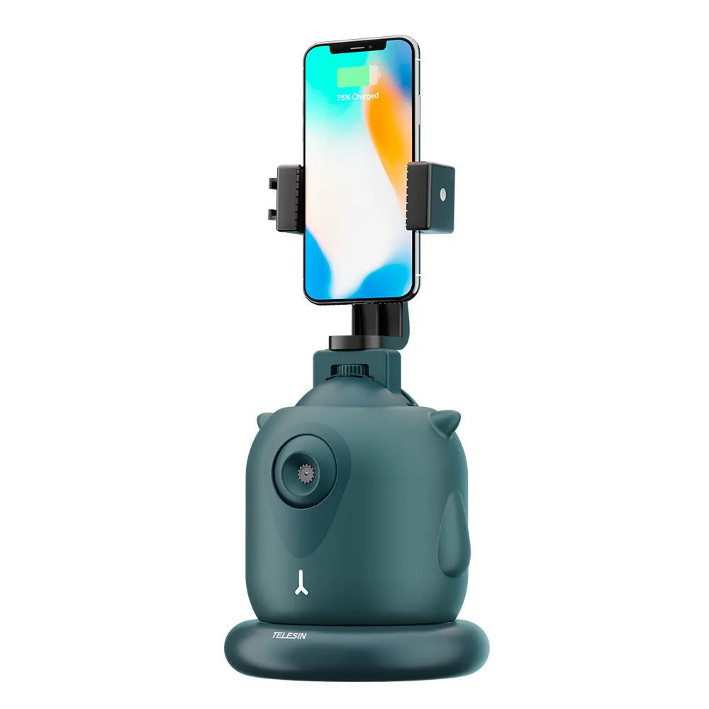 Dark green intelligent follow-up gimbal with AI camera on 360-degree rotating base