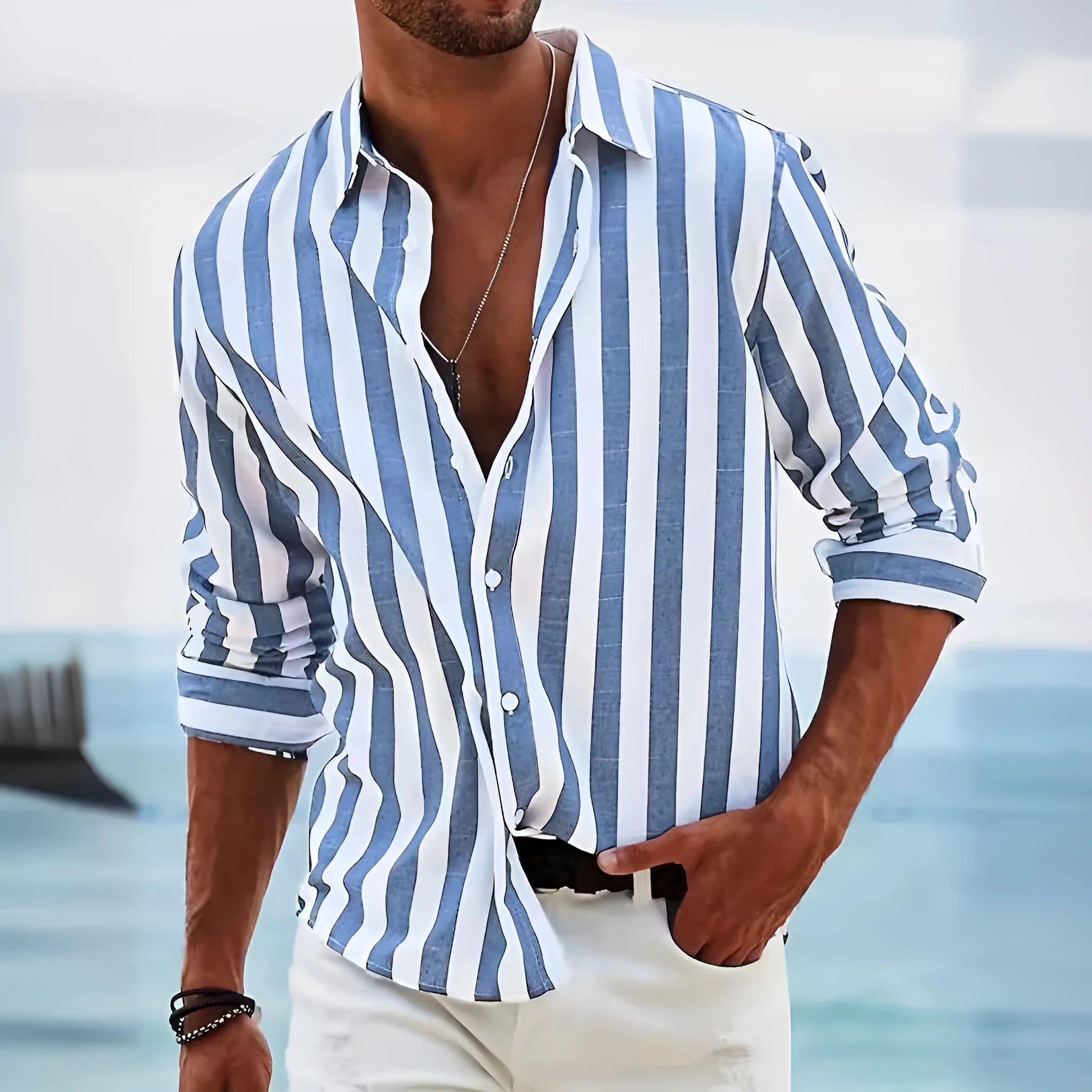 Men's yarn-dyed striped loose fit long-sleeved shirt in British style cardigan cut