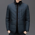 Men's solid colour winter short coat with side pockets, shown in dark blue.
