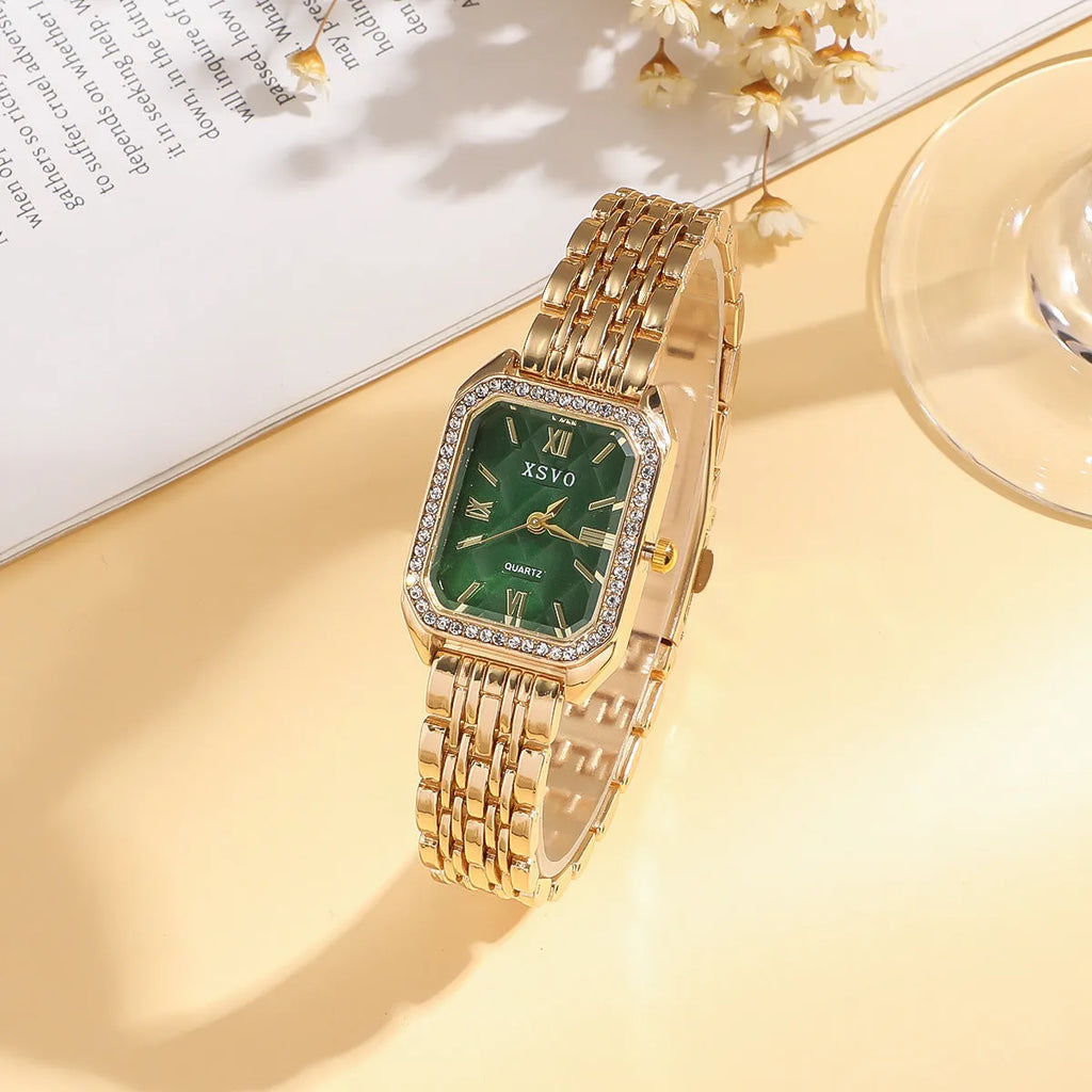 Gold green square dial women's watch with four matching alloy bracelets displayed together