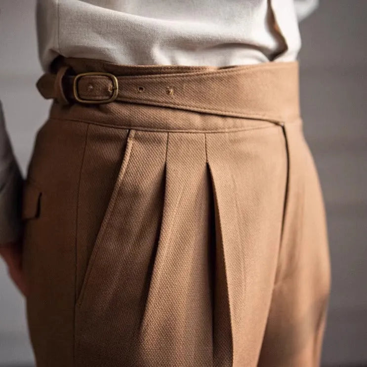 Men's high waist straight-leg casual trousers in black, shown laid flat.