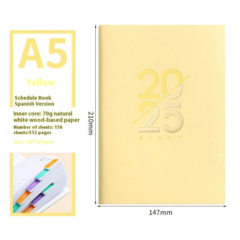 A5 daily planner notebook with faux leather cover open on a desk