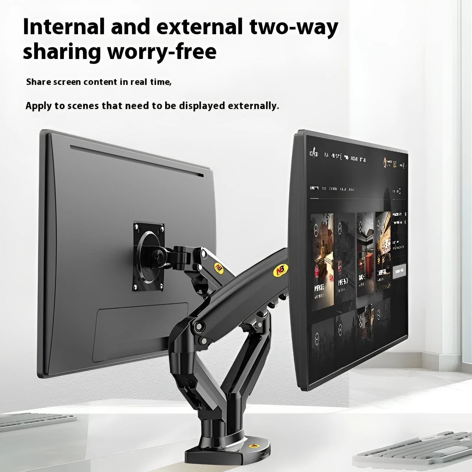 Aluminium alloy dual computer monitor desk mount bracket in gun black holding two screens