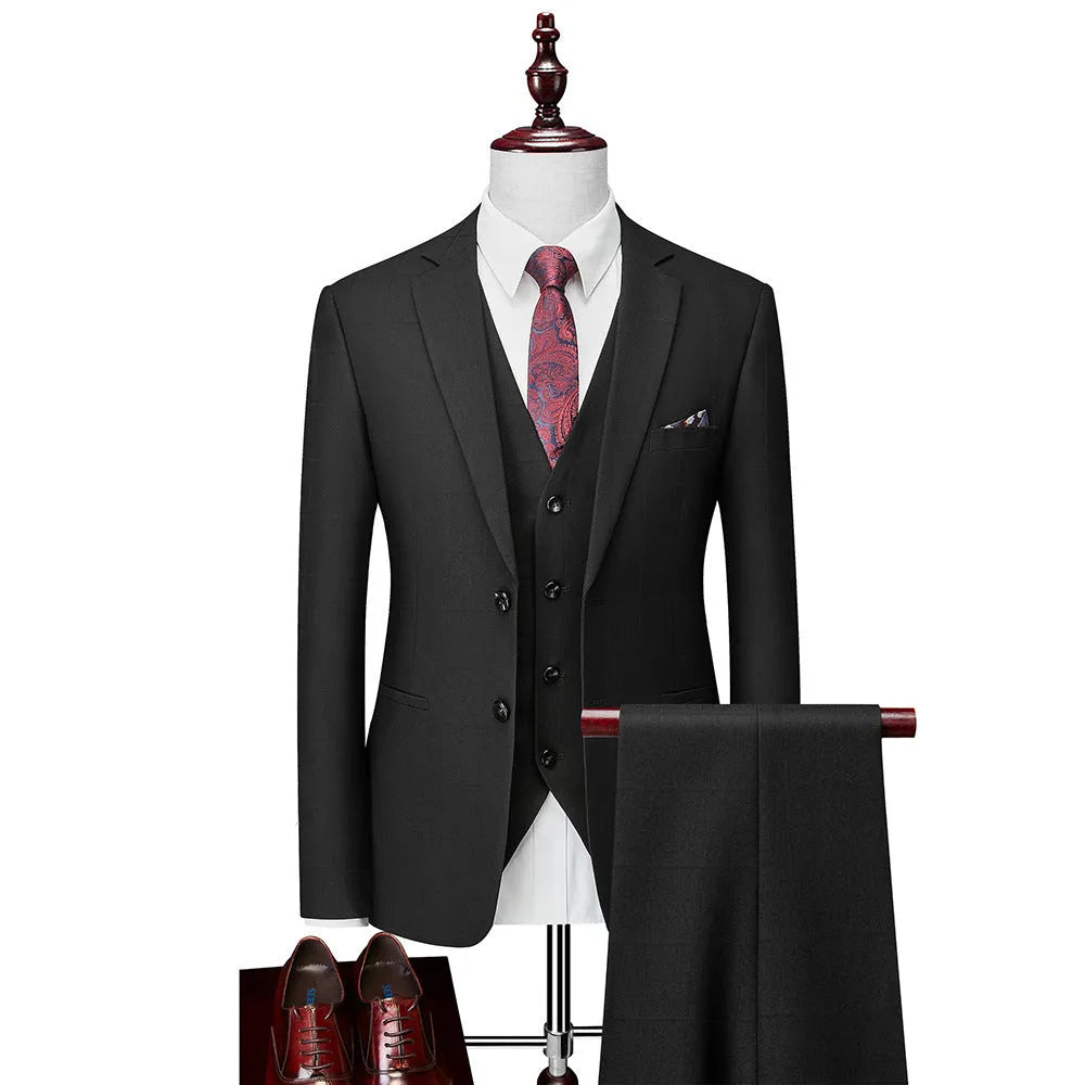 Men's navy blue plaid slim fit three-piece cotton blend suit with jacket, vest and trousers