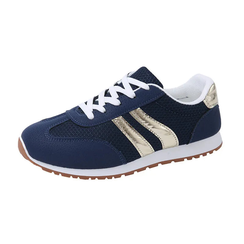 Blue women's casual sports shoes with cross shoulder straps and flat rubber sole