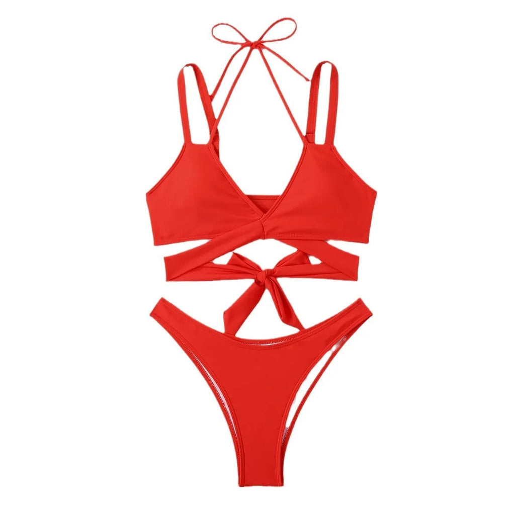 Solid colour strap bikini swimsuit for women in black, shown on a mannequin, sleeveless design with briefs.