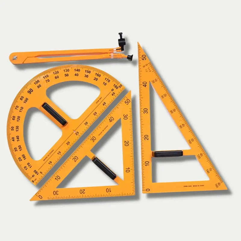 Mathematics teaching tools set with orange and black triangle rulers, protractor and chalk compass
