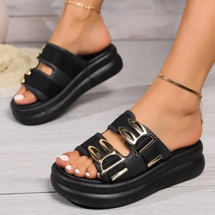 Women's suede slippers with thick rubber sole in apricot, black and off-white colours