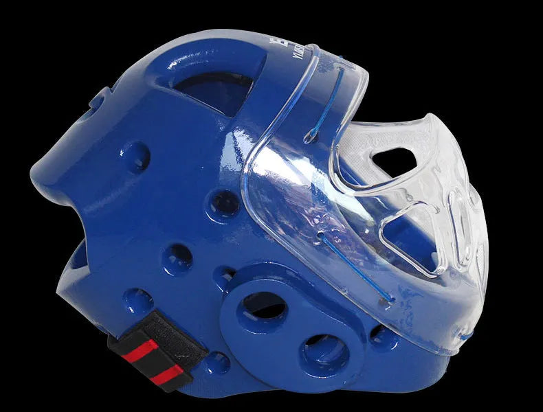 Karate boxing helmet for head protection available in blue, red and white colours with size options