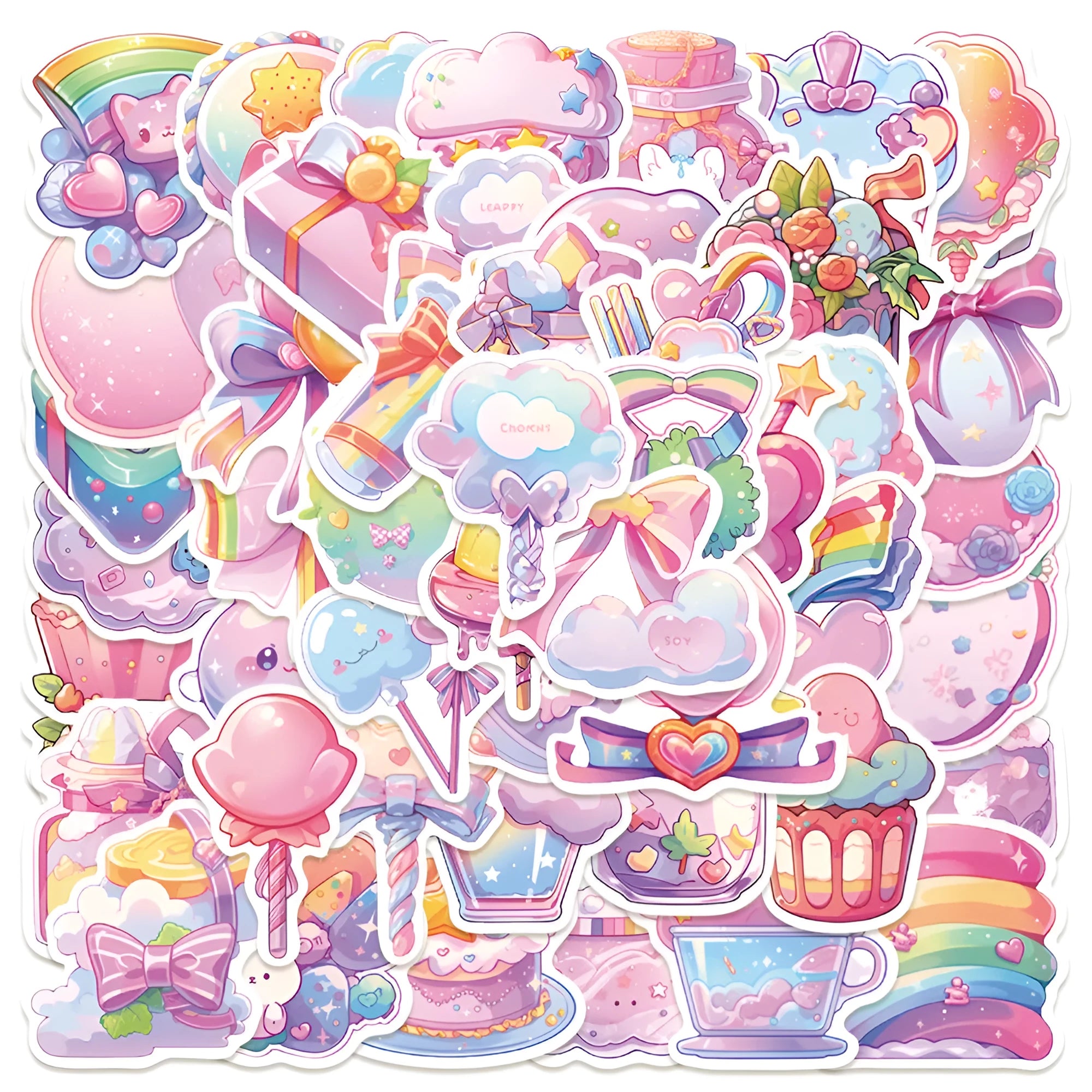 Pack of 50 colourful candy-themed waterproof decorative stickers on sheets.