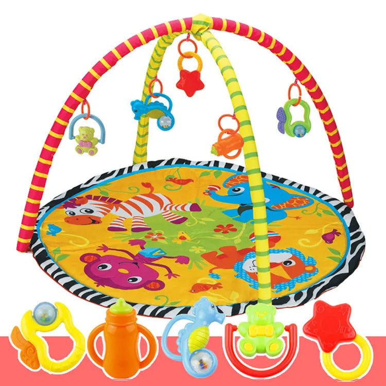 Velvet baby play mat with interactive toys in small animal or big animal design for crawling and games.