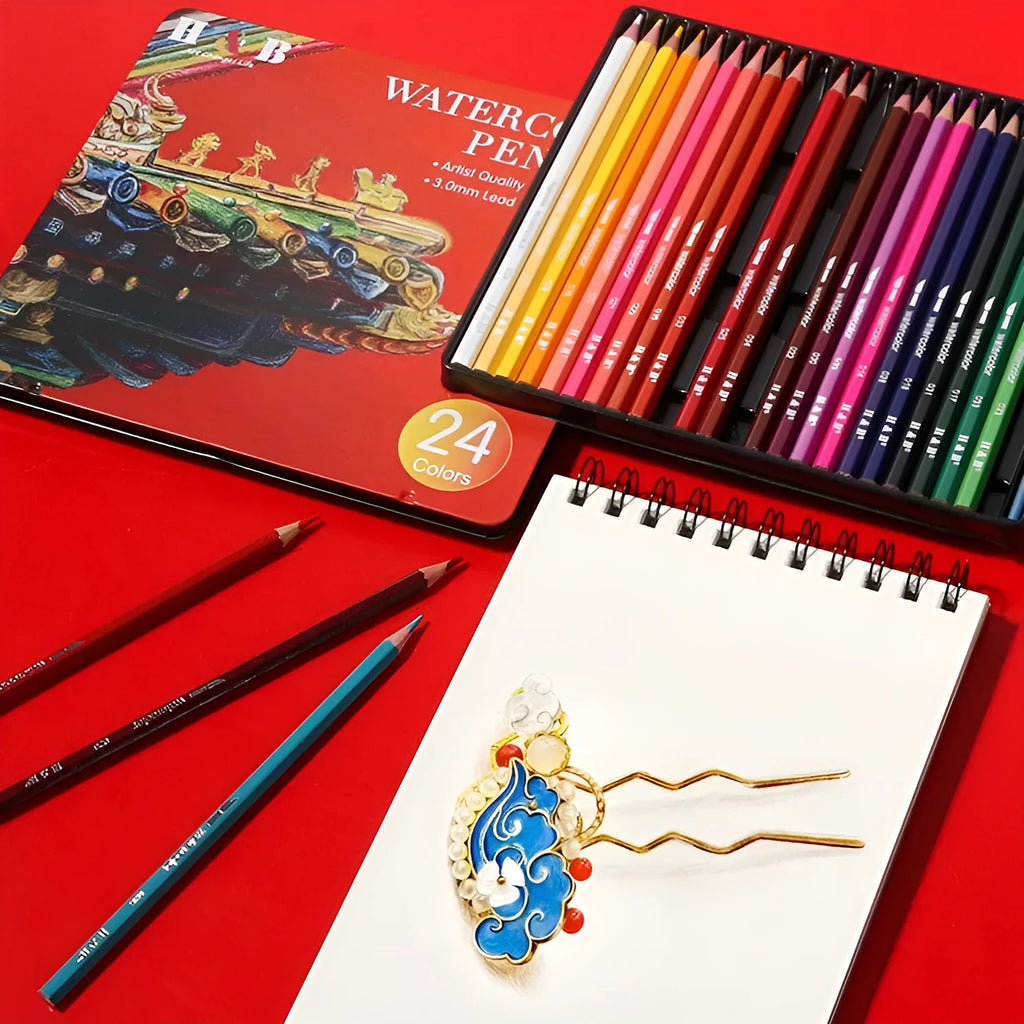 Water-soluble coloured pencils in iron tin with 24 colours for drawing and painting