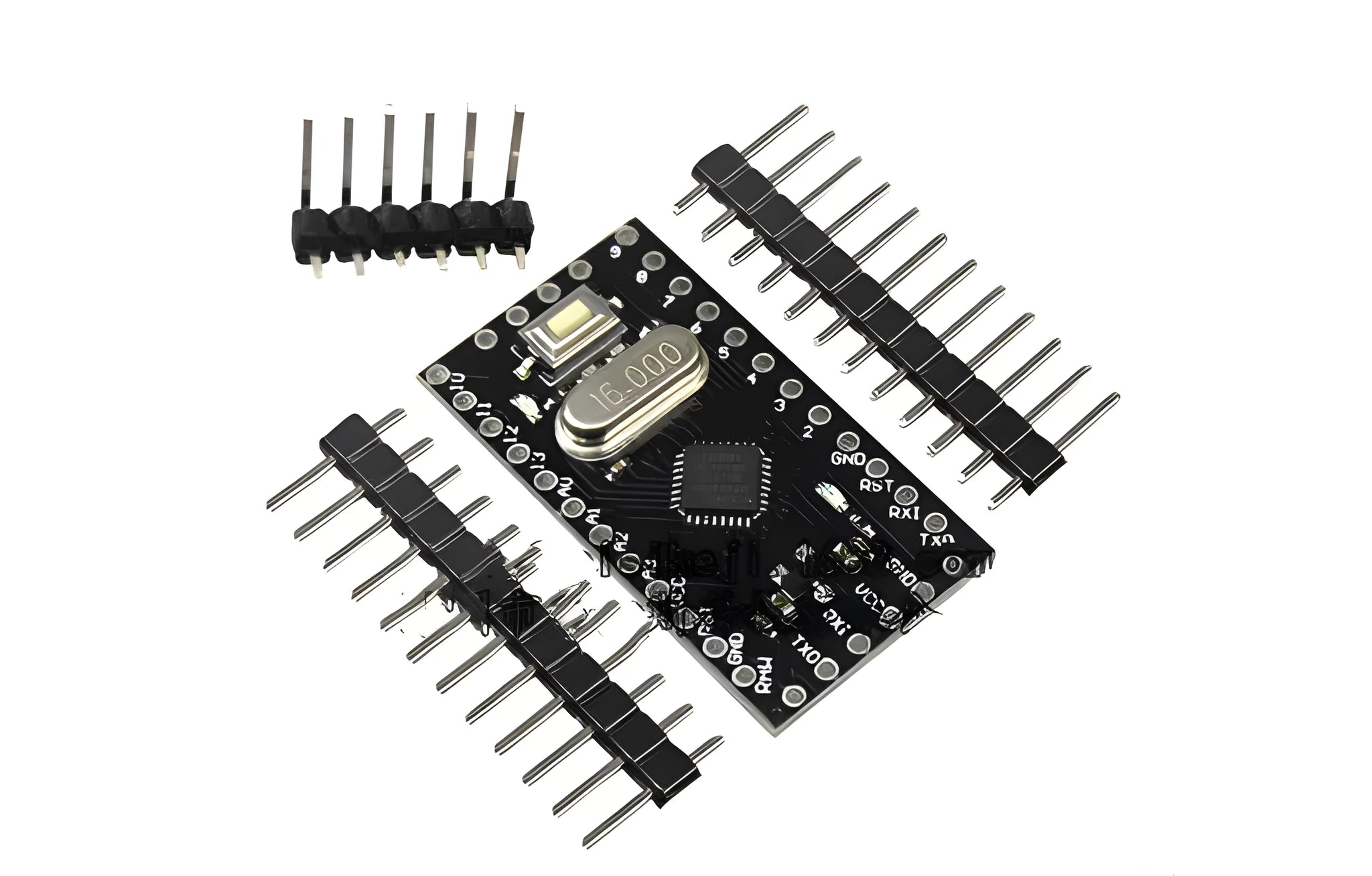 Mini Pro microcontroller circuit board showing pin headers and Atmega328P chip