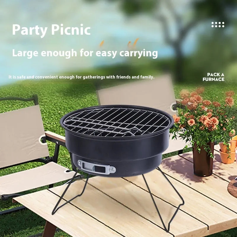 Small folding round ice stove with barbecue grill and components for outdoor cooking