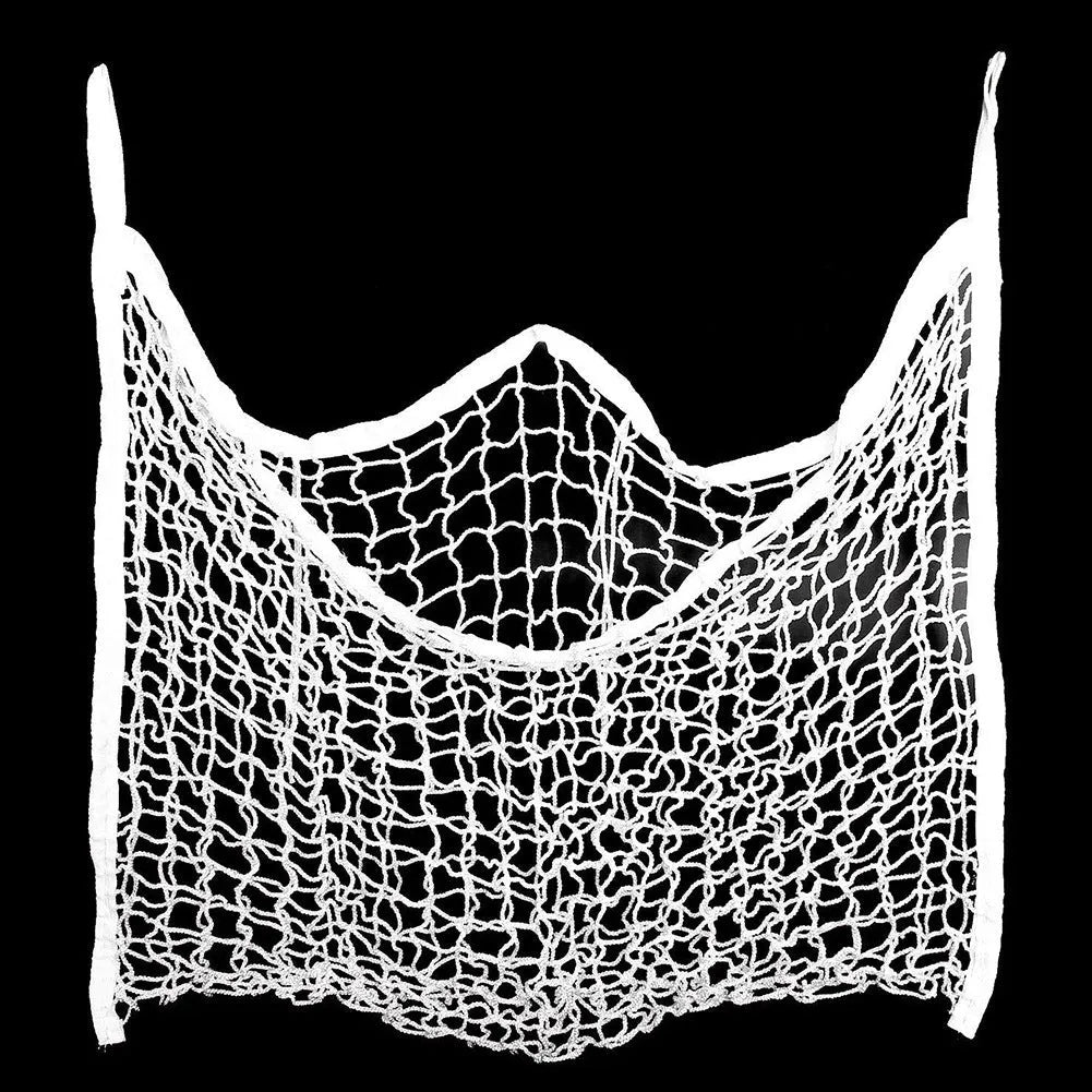 Black woven PE rope grid hanging feeding bag for horses, cattle and sheep.
