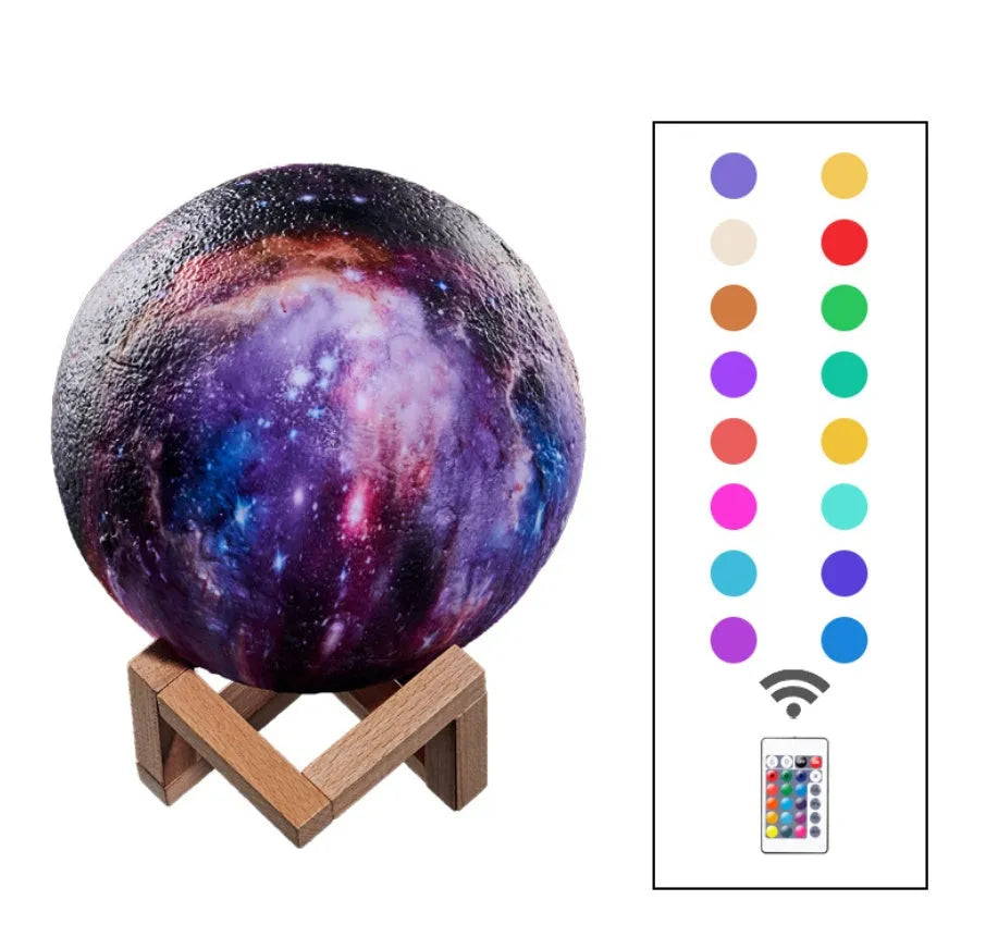 3D printed spherical moon night light with colour changing LED glow on a dark surface.